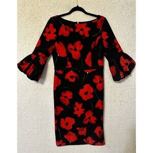 RARE Maggy London Poppy Dress‎ Red Floral Black Puff Sleeve Size 10